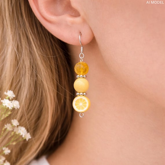 cute clay lemon drop earring, statement piece, fun fruit jewelry, sterling silver yellow crystal accessory, lemon lover gift present for her