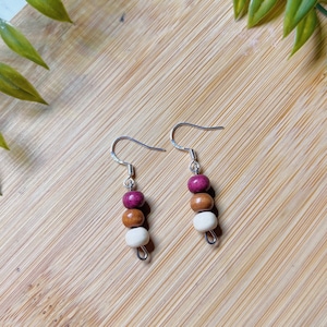 earthy boho stained wood dangle earring, organic natural timber wooden jewelry, beachy surfer accessory, hippie nature lover gift idea