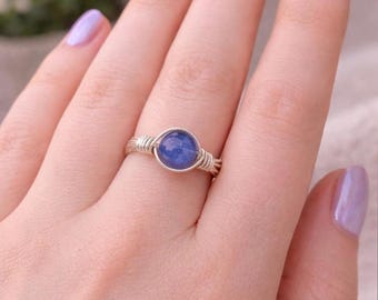 simple dainty wire wrapped blue crystal ring, silver empath protection beaded jewelry, gemstone promise stackable band, unique hippie gift