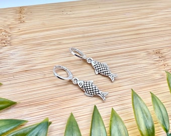 dainty silver sardine fish earring, unique whimsical huggie hoop charm, nautical coastal theme jewelry, beachy summer pendant ocean lover