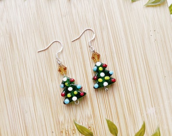 cute mini christmas tree earring, festive holiday jewelry, lampwork glass bead pendant, secret santa stocking stuffer idea, quirky accessory