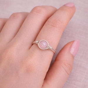 simple dainty wire wrapped rose quartz ring, silver empath protection beaded jewelry, gemstone promise stackable band, unique hippie gifts