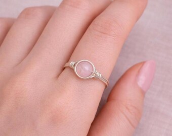 simple dainty wire wrapped rose quartz ring, silver empath protection beaded jewelry, gemstone promise stackable band, unique hippie gifts
