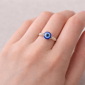 dainty blue evil eye ring, wire wrapped evil eye jewelry, sterling silver stackable band, protection positive energy gift, hippie accessory