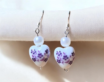 dainty white wedding jewelry vintage porcelaine heart earring floral painted ceramic earring gift for mom daughter tea pot inspired ceramics
