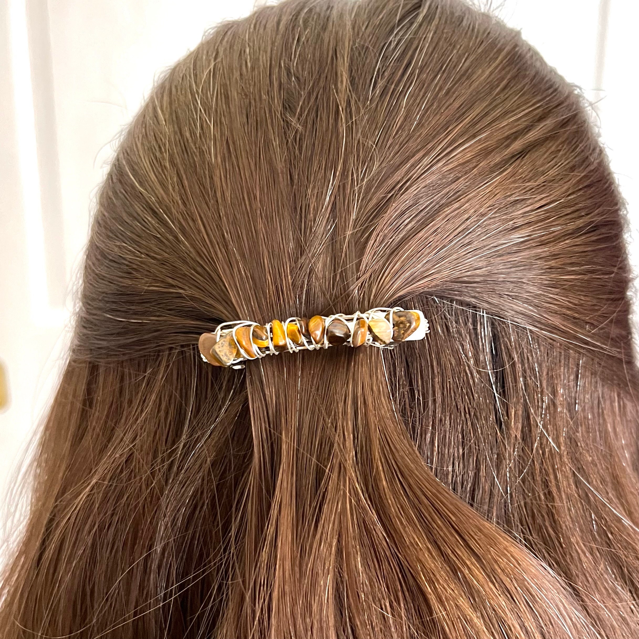 Tigers Eye Healing Crystal Hair Clip, Elegant Dainty Silver 