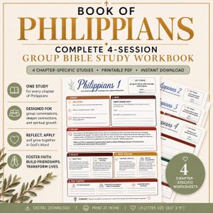 May include: A digital Bible study workbook for the Book of Philippians featuring four chapter-specific sessions. The document includes sections for connect, read, discuss, reflect, and grow together, formatted for US letter size 8.5 by 11 inches.