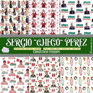 Könnte beinhalten: Vier digitale Papierdesigns mit einem Rennfahrer, der einen Weihnachtsmann-Hut und einen Weihnachtspullover trägt. Die Designs beinhalten ein sich wiederholendes Muster des Fahrers, Weihnachtsbäume, Zuckerstangen und andere festliche Elemente. Der Text "SERGIO "CHECO" PEREZ" wird oben im Bild angezeigt.