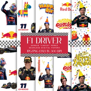 Cadeaupapier van Sergio Perez, digitaal papier, Checo Perez F1, F1-coureur, coureur, Red Bull, Verjaardagspapier, Formule 1, digitaal product