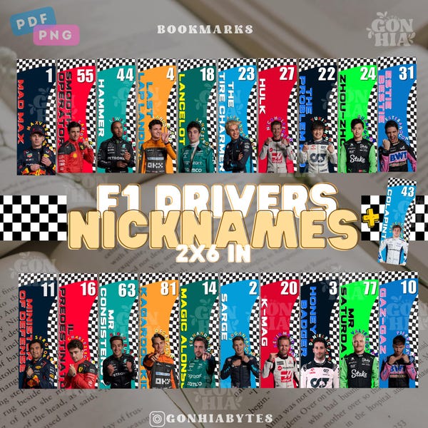 DRIVERS F1 BOOKMARKS, F1 bookmark, Formula 1 bookmark, marker F1, Formula 1 Driver Bookmark, racing driver, Nickname drivers F1, Download