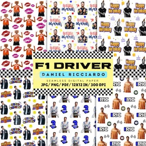 May include: A digital paper pack featuring Formula 1 driver Daniel Ricciardo. The pack includes four different designs with various images of Ricciardo, including a birthday theme, a 'no regrets, only memories' theme, a 'wish you all the best' theme, and a 'Ric' theme. The designs are seamless and can be used for various crafting projects.