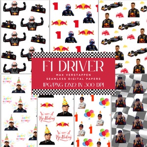 Peut inclure: Un ensemble de 10 papiers numériques mettant en scène Max Verstappen, un pilote de Formule 1. Les papiers présentent un motif de drapeau à damier, un logo de taureau rouge et un thème d'anniversaire avec des ballons et un chapeau d'anniversaire. Les papiers mesurent 30,48 cm x 30,48 cm et 300 DPI.