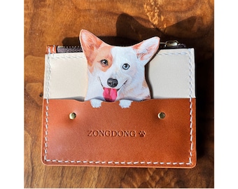 Personalized Leather Pet Portrait Wallet And Cardholder, Hand-Painted, Movable Pet Art, Pet Portrait Leather Purse,  Pet Memorial Gifts