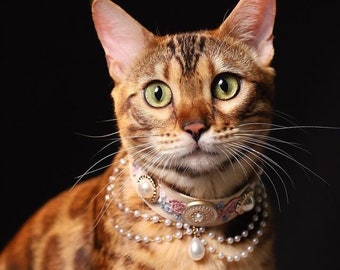 Rococo Pink Velvet Pet Decorative Collar, Embroidery Necklace for Cat, Gorgeous Pearl Pendant Dog Collar, Fancy Elegant Pet Neckwear