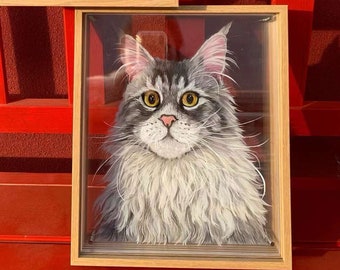 Personalized 3D Hand-Painted Cat Portrait on Transparent Acrylic with Wooden Frame| Pet Memorial Portrait| Pet Loss Sympathy Gift