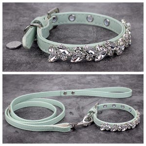 May include: A light green leather dog collar and leash set with a silver rhinestone embellishment. The collar has a silver buckle and the leash has a silver clip.