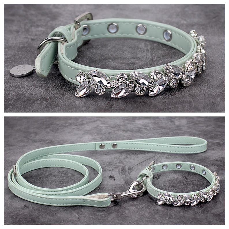 May include: A light green leather dog collar and leash set with a silver rhinestone embellishment. The collar has a silver buckle and the leash has a silver clip.