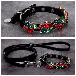 May include: Black leather dog collar and leash set with a jeweled embellishment featuring red and green crystals.