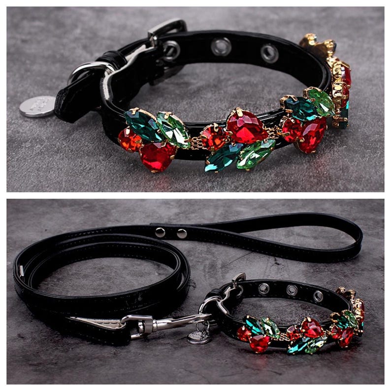 May include: Black leather dog collar and leash set with a jeweled embellishment featuring red and green crystals.