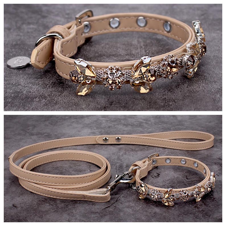 May include: A beige leather dog collar and leash set with a decorative crystal bow. The collar and leash are both adorned with sparkling crystals.