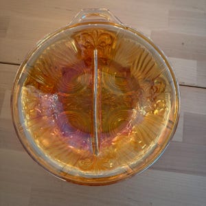 Vintage 1940s Indiana Glass Killarney Divided Dish Amber Marigold Iridescent Carnival Glass Candy Nut Relish Tray Fall Decor or Hostess Gift