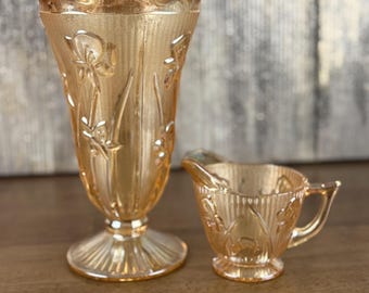 Vintage Jeannette Iris and Herringbone Marigold Carnival Glass Vase & Creamer | Iridescent Floral Pattern | Set of 2 Depression Glass Vase