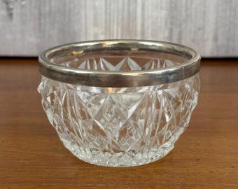 Vintage Cheltenham & Co Crystal Bowl Diamond Cut Glass with Silver-Plated Rim Mid Century English Serving Bowl Elegant Table Decor
