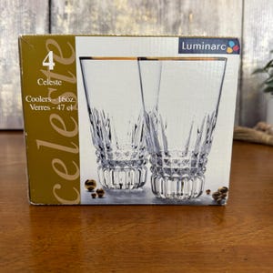 Vintage Luminarc Celeste 16 oz Glass Tumblers Set of 4 Gold Rim Drinking Glasses Boxed French Barware Tempered Dishwasher Safe Glasses