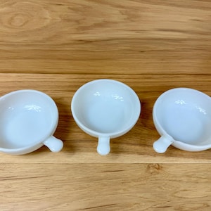 Vintage Glasbake Milk Glass Bowls with Handles | Set of 3 White 11 oz Oven Safe Soup Chili Bowls | Retro Kitchenware Housewarming Gift