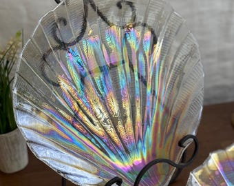 Vintage Kamei Carnival Glass Shell Platters, Iridescent Coastal Decor (Set of 2)
