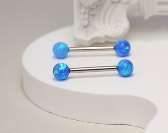 Blue Opal Ball Nipple Tongue Rings  -14G Nipple Piercing - Nipple Tongue Jewelry  -12/14/16/18mm -G23 Titanium