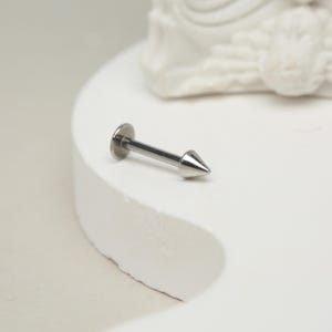 May include: A silver barbell with a pointed end, suitable for body piercing.