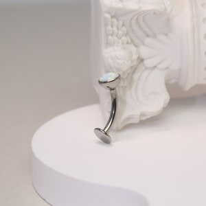 May include: A curved eyebrow piercing with a silver-coloured, curved barbell. The top features a round, white opal stone. The base of the barbell has a flat, circular disc. The jewellery is displayed on a white surface.