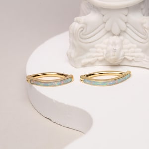 May include: A pair of gold hoop earrings with a thin band of white opal inlay.