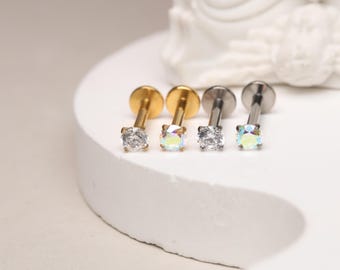 Piercing de nariz/lábio com zircônia cúbica de 3 mm e rosca interna - Titânio G23 - 18G 16G - Tamanhos: 5/6/7/8/10 mm