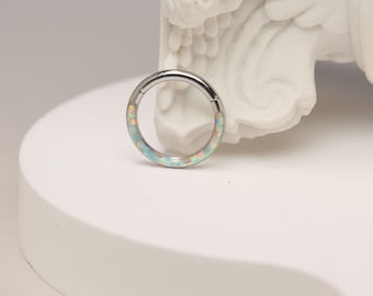 White Opal Nose Ring - 14G 16G 20G -316L Surgical Steel- Septum Clicker Ring - Septum Piercing- Daith Earrings