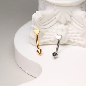 Può includere: Due piercing per il corpo a barra curva in acciaio chirurgico con una parte superiore a forma di cuore e una parte inferiore appuntita. Uno è dorato e l'altro è argentato.