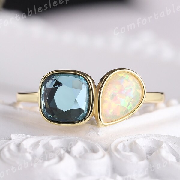 Bague de fiançailles unique avec topaze bleue de Londres taille coussin deux pierres Toi et moi Bague de mariage en or jaune taille poire, opale bague lunette Bague d'anniversaire