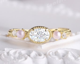 Art Deco Oval Shaped Moissanite Engagement Ring Yellow Gold Pearl Unique Wedding Band Moissanite Handmade Ring Anniversary Rings For Women