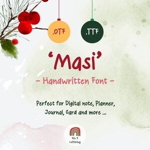 Op de afbeelding: Een digitaal lettertype-download voor het handgeschreven lettertype 'Masi'. Het lettertype is perfect voor digitale notities, planners, dagboeken, kaarten en meer. De afbeelding toont een aquarel achtergrond met rode bessen en dennennaalden.