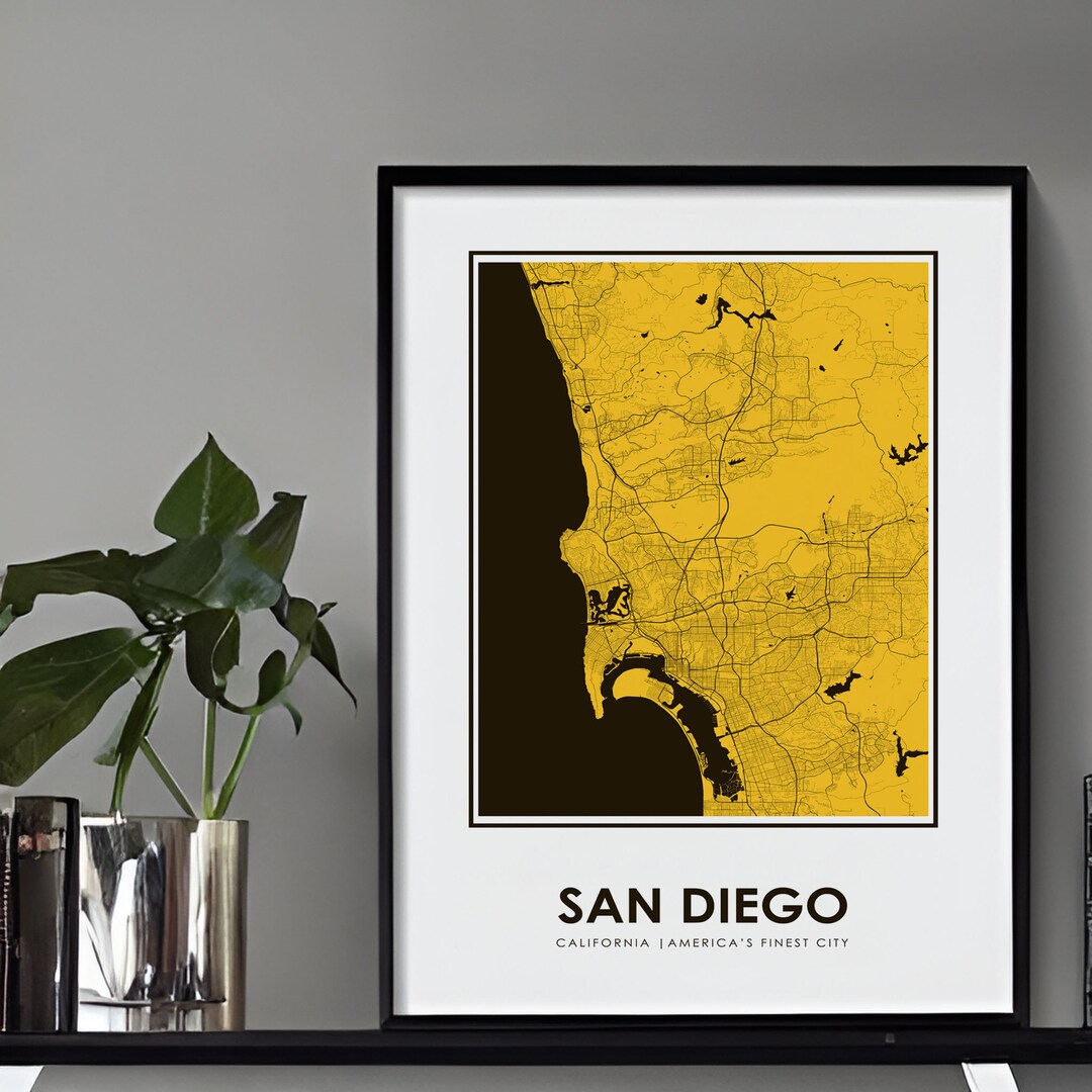 San Diego City Map Printed Poster Printed Gold Print on Brown