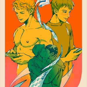 May include: Illustration of three men, two holding phones, with a kissing couple in the center. The artwork features a warm color palette of orange, yellow, and green. The text "MY MOON MY MAN" is at the bottom.