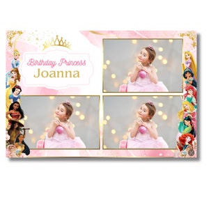 Plantilla de Photobooth de cumpleaños de princesa rosa y oro, descarga instantánea, plantilla editable a través de Canva, plantilla de Photo Booth de princesa de Disney 4x6