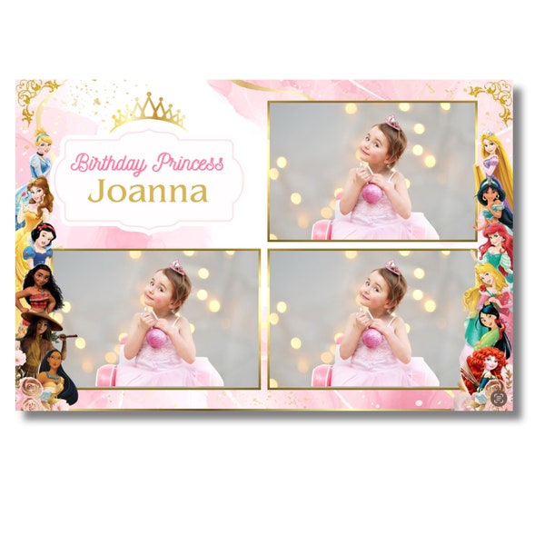 Princess Birthday Pink & Gold Photobooth Template, instant download, Editable template via Canva, Disney Princess Photo Booth Template 4x6