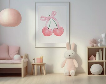 Impressão artística em aquarela com cereja rosa pastel: decoração de quarto coquete (download digital)