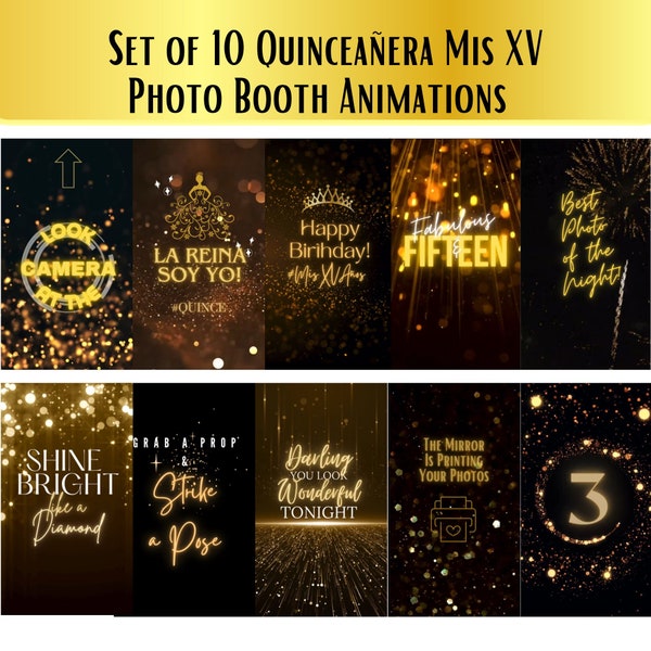 10 Quinceanera Photo Booth Animation Bundle, Black Gold, Touch to Start, Animation for Magic Mirror Booth, Magic Mirror Booth, Mirror Me, XV