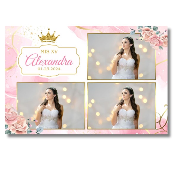 MIS XV Pink and Gold Photobooth Template, instant download, Editable template, printable template, Quinceanera Pink Photo Booth Template