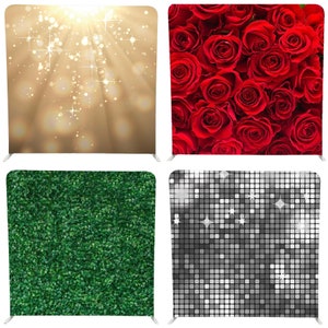 May include: Four different backdrop designs for photography. The first is a gold background with sparkling lights. The second is a red rose pattern. The third is a green leafy pattern. The fourth is a silver sequin pattern.