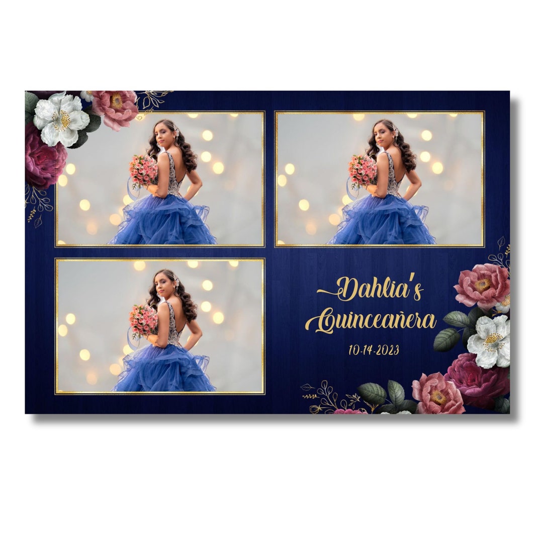 Quinceañera Photo Booth Template Blue and Gold Dahlia Photobooth