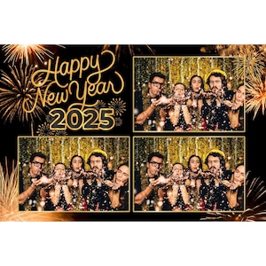 Gelukkig Nieuwjaar 2025 Photobooth-sjabloon, instant download, bewerkbare sjabloon, Nieuwjaar zwart en goud Photo Booth-sjabloon